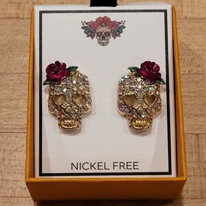 BELLA JACK Halloween Crystal-Studded Sugar Skull Day of Dead Earrings NEW NWT